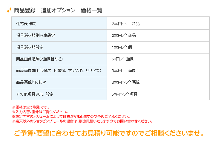 商品登録　追加オプション　価格一覧　仕様表作成　項目選択肢別在庫設定　項目選択肢設定　商品画像追加(2画像目から)　商品画像加工(明るさ、色調整、文字入れ、リサイズ)　商品画像切り抜き　その他項目追加、設定　※価格は全て税別です。※入力内容、画像はご提供ください。※設定内容のボリュームによって価格が変動しますので予めご了承ください。※楽天以外のショッピングモールの場合は、別途見積いたしますのでお問い合わせください。　ご予算・要望に合わせてお見積り可能ですのでご相談くださいませ。