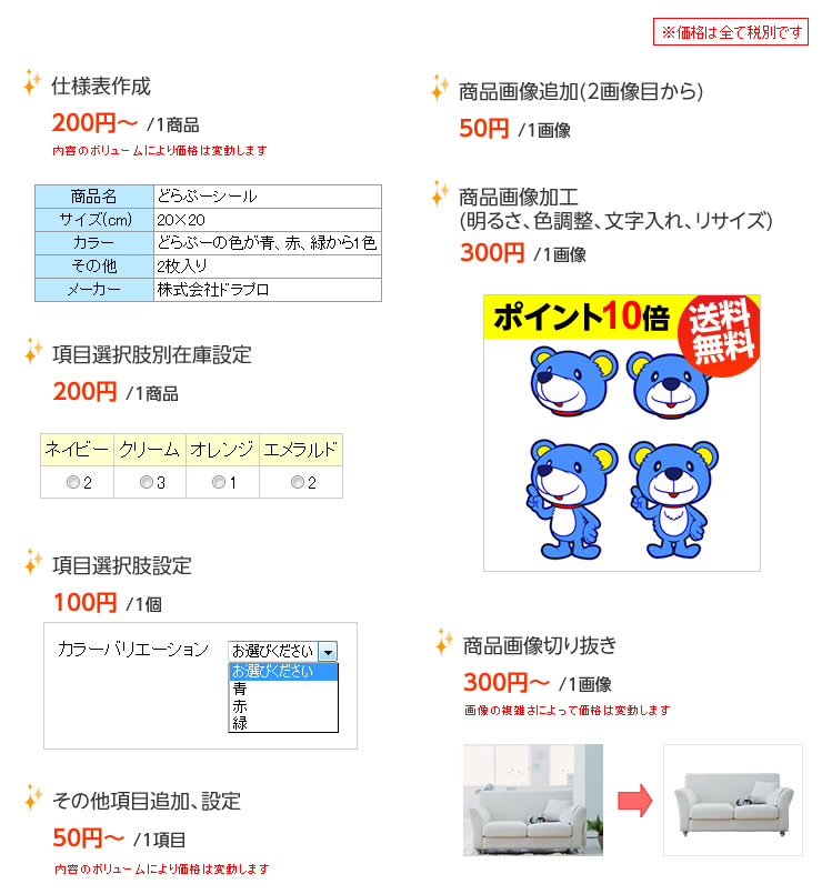 仕様表作成　項目選択肢別在庫設定　項目選択肢設定　商品画像追加(2画像目から)　商品画像加工(明るさ、色調整、文字入れ、リサイズ)　商品画像切り抜き　その他項目追加、設定