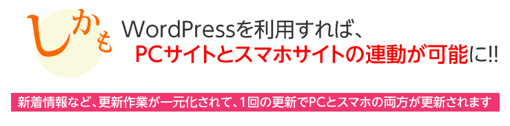 WordPressを利用すれば、PCサイトとスマホサイトの連動が可能に！！新着情報など、更新作業が一元化されて、1回の更新でPCとスマホの両方が更新されます